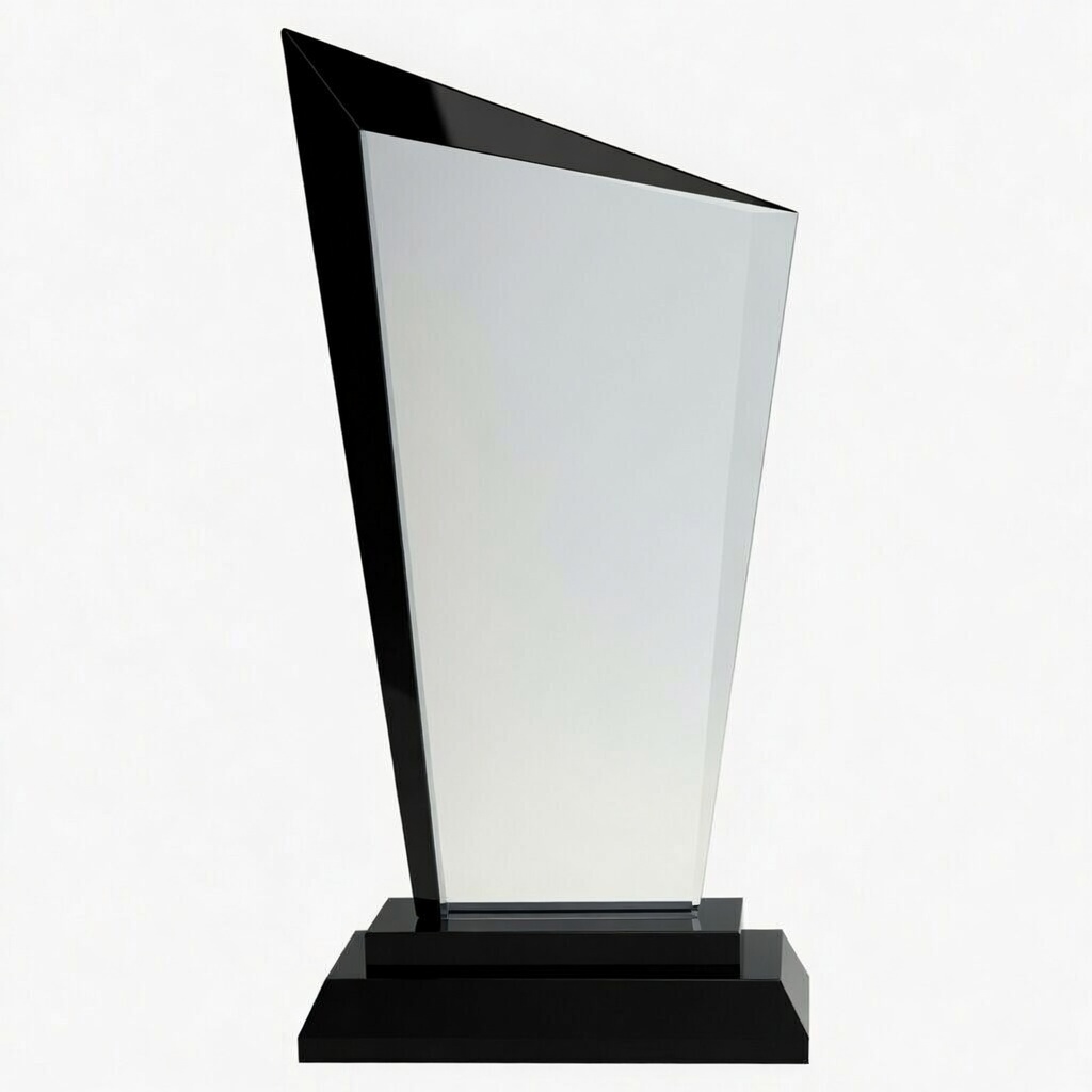 Sleek modern crystal glass trophy with bold black edges and a sharp angular razor design. Mounted on a matching black crystal base, this sophisticated award is ideal for corporate recognition, executive achievements, and premium presentations.