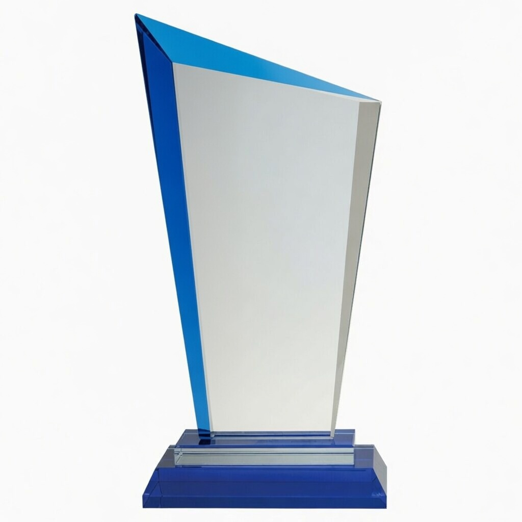 Modern slanted crystal glass trophy with vibrant blue edges and a sleek, angular design. Mounted on a matching blue crystal base, this stylish award is perfect for corporate recognition, sales achievements, and executive presentations.