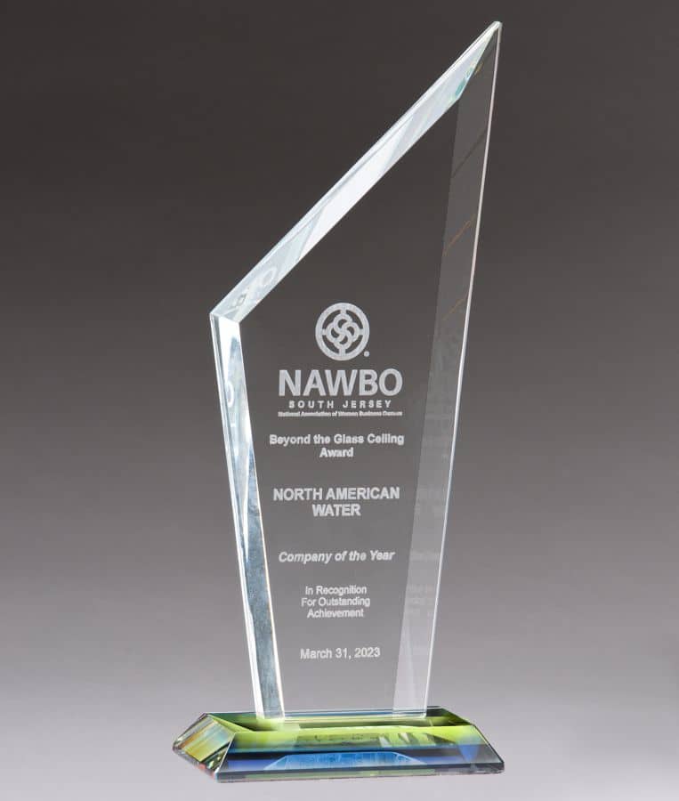A glass award with a zenith peak at the top, a rainbow prism base & a blank area for personalization in the middle.