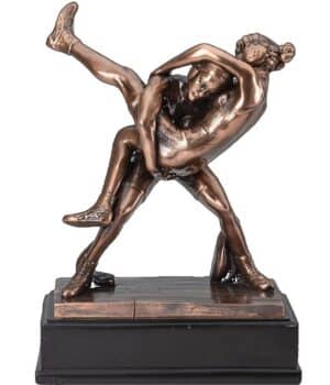 A bronze statue features two female wrestlers in the middle of a match. One female wrestler has picked up the other and appears to be ready to slam her down on the mat. It's mounted on a black base that comes with a bronze plate for personalization.