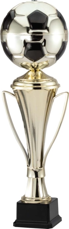 A trophy cup made specifically for the sport of soccer. The top features a soccer ball, the middle is the cup part with two handles and the base has a glossy black look.