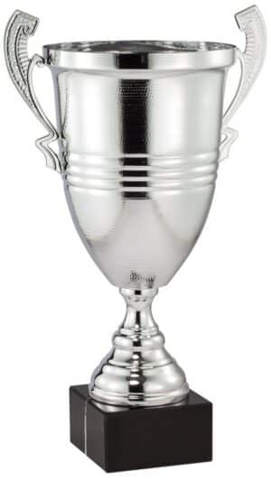 This is a silver trophy cup with two handles that is mounted on a black marble base.