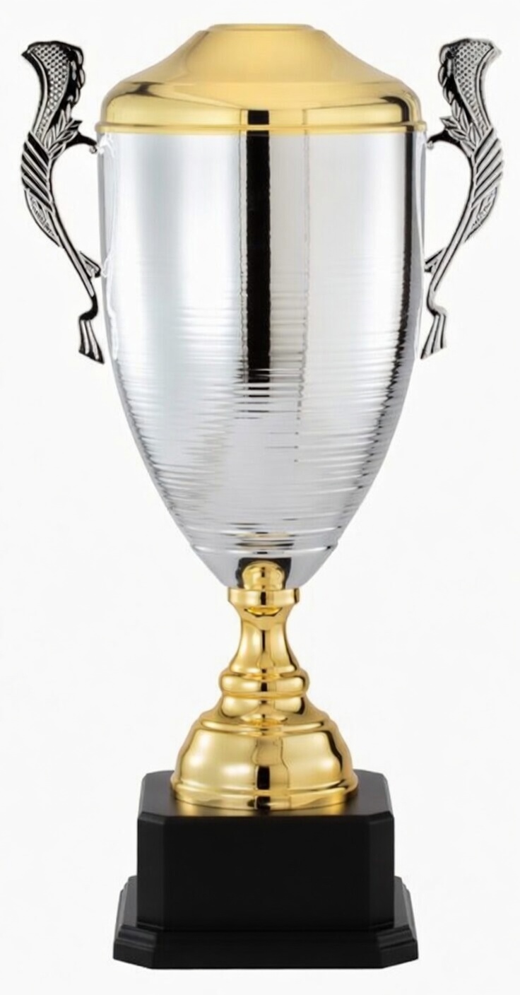 A classic two-tone trophy cup with a polished silver body, gold lid and accents, and ornate silver handles. Mounted on a black base with a black engraving plate, this elegant award is perfect for recognizing top achievements and victories.