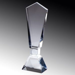 Our Global Golf Crystal Trophy features a large pentagon shaped area for laser engraving personalization. The middle area features a 3-D golf ball and then a clear crystal base below that.
