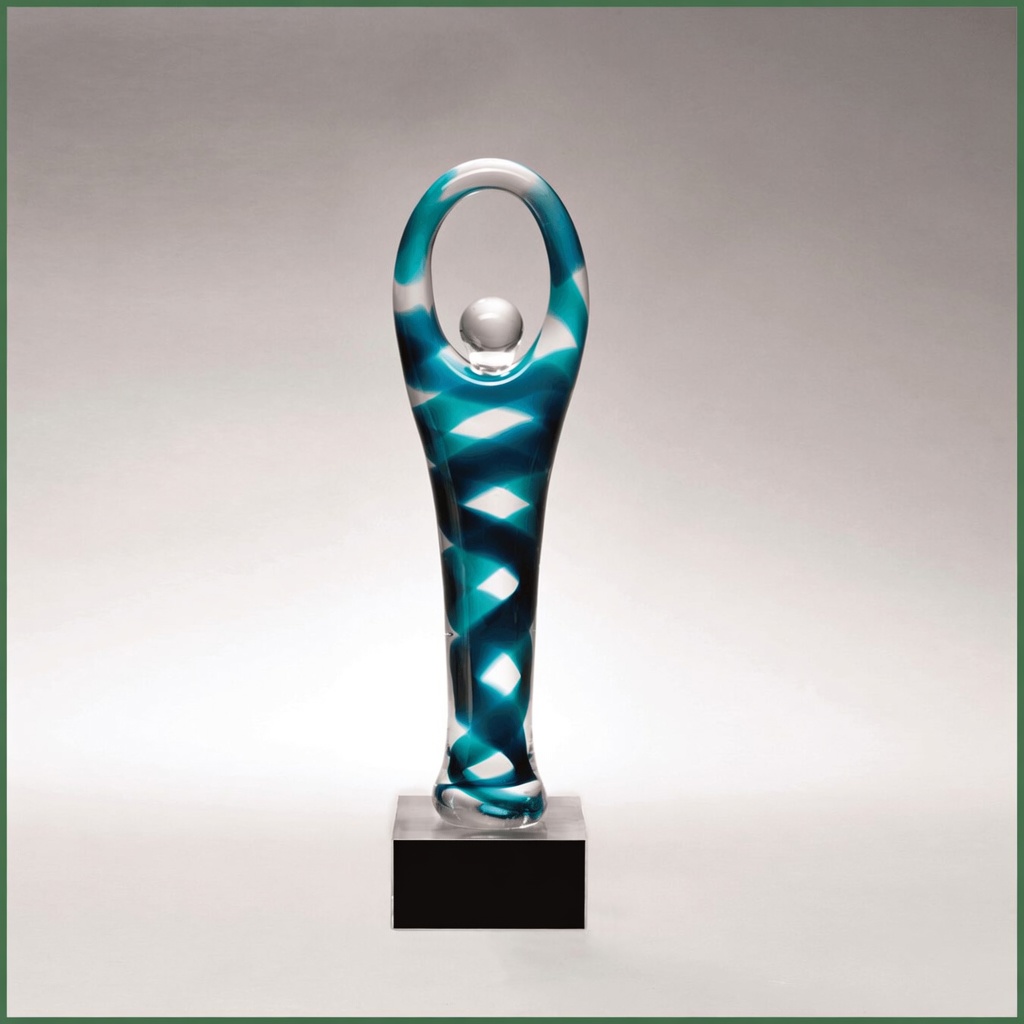 An elegant teal and white hand-blown glass trophy featuring a graceful stylized figure with arms raised in victory, encircling a clear glass sphere. Modern and artistic design mounted on a clear base, perfect for recognition awards and special achievements.