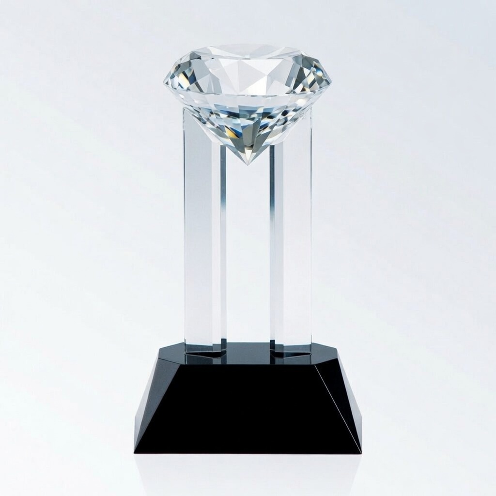 A stunning crystal diamond trophy with brilliant faceted detailing, mounted on clear pillars atop a sleek black base. Elegant and modern design perfect for business awards, recognition, and personalized engraving.