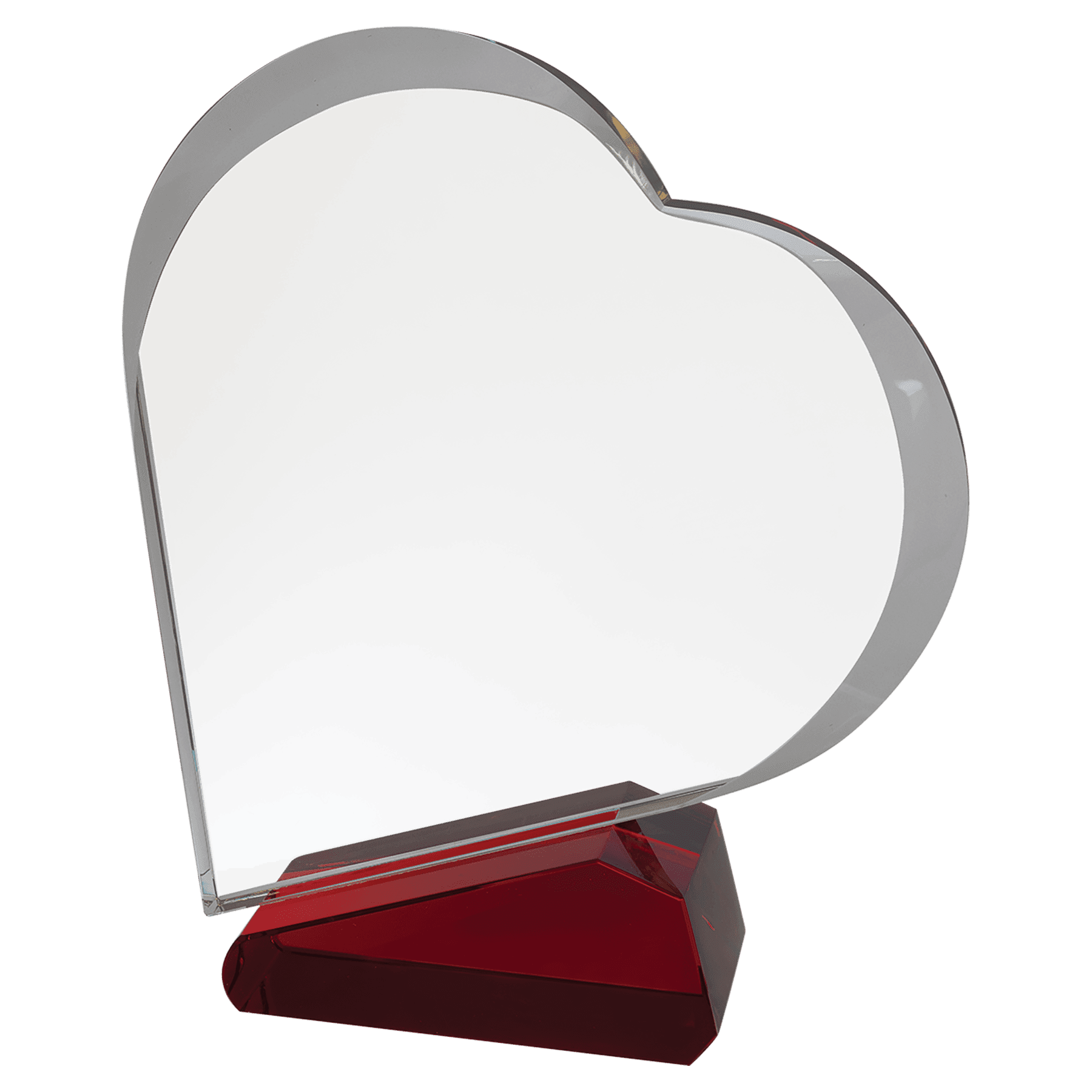 A beautiful clear crystal heart trophy with elegant beveled edges, mounted on a vibrant red crystal base. Romantic and modern design perfect for personalized engraving, anniversaries, weddings, and special recognition awards.