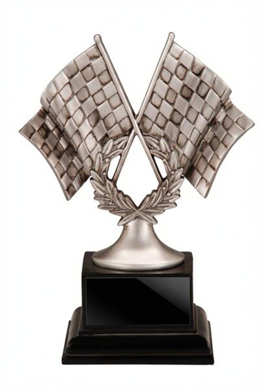 A dynamic silver resin trophy featuring two crossed checkered racing flags with a laurel wreath centerpiece, mounted on a sleek black base with a blank engraving plate. Ideal for motorsport events, race winners, and automotive awards.