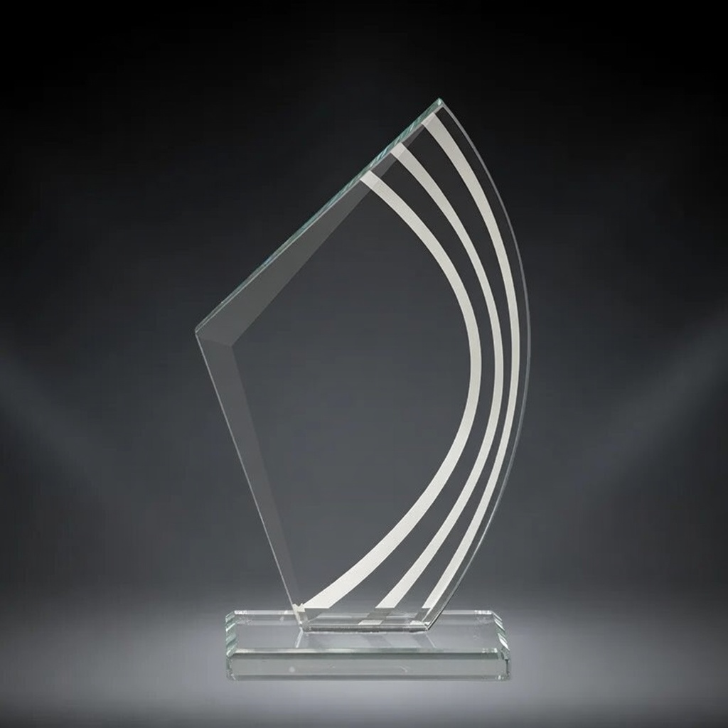 A sleek, modern crystal glass trophy featuring graceful curved lines that resemble a flowing sail. Elegant clear glass design on a rectangular base, ideal for corporate awards, sports achievements, and personalized engraving.
