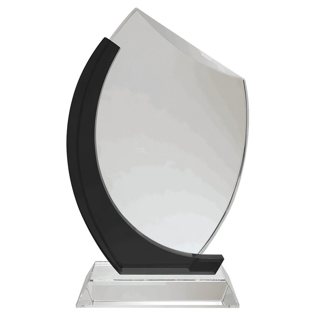 modern, elegant crystal glass trophy featuring a clear shield-shaped panel with a bold black curved slant accent on a matching crystal base. Sleek and contemporary design perfect for personalized engraving and recognizing achievements.