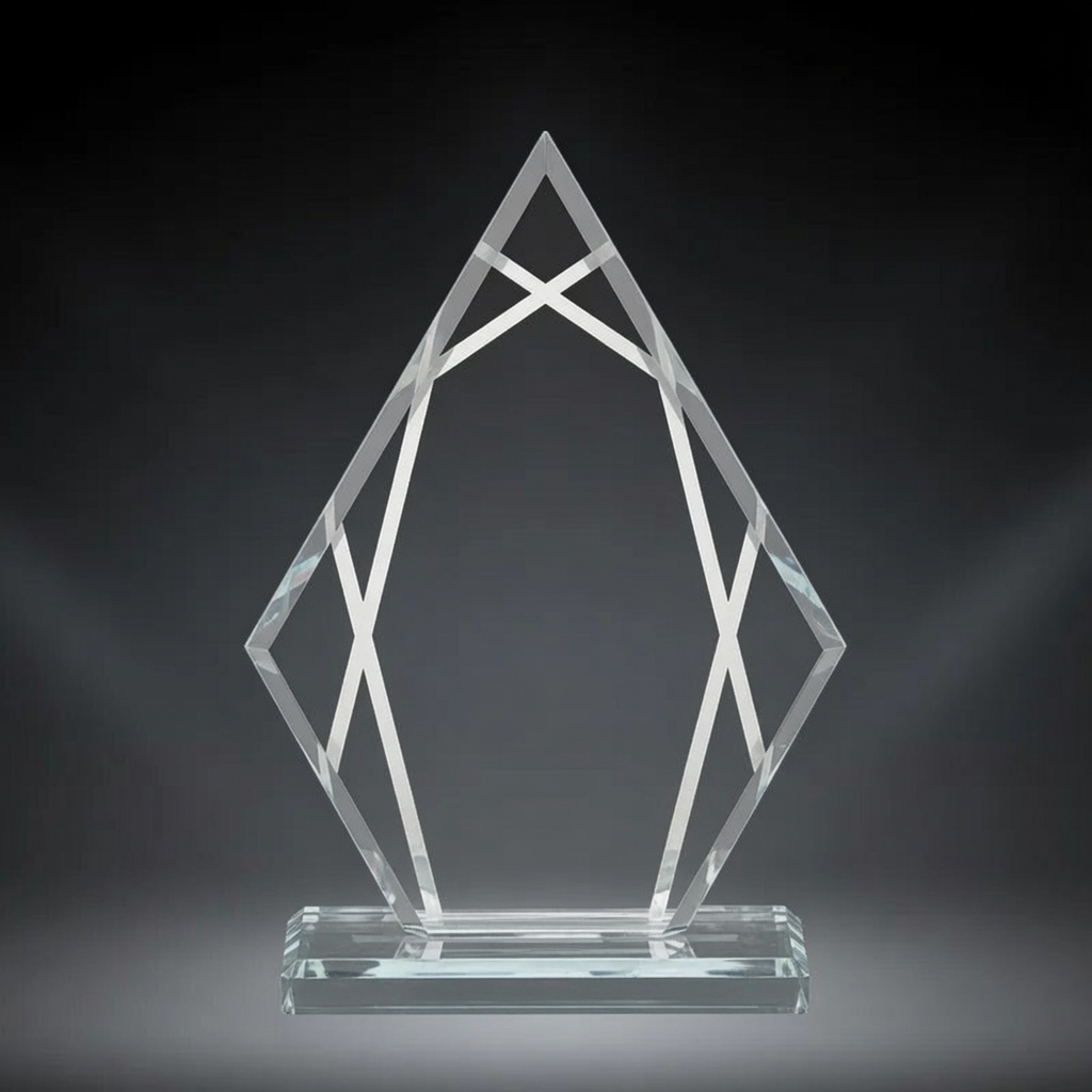 A striking geometric crystal glass trophy with intersecting diamond and X-shaped lines, creating a modern 3D effect. Elegant clear glass design on a rectangular base, perfect for recognizing achievements and custom engraving.