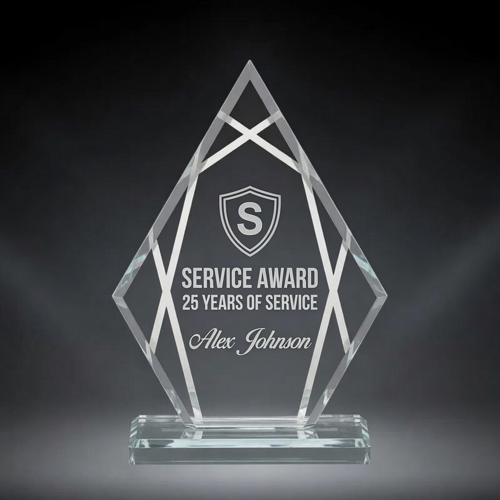 A striking geometric crystal glass trophy with intersecting diamond and X-shaped lines, creating a modern 3D effect. Elegant clear glass design on a rectangular base, perfect for recognizing achievements and custom engraving.