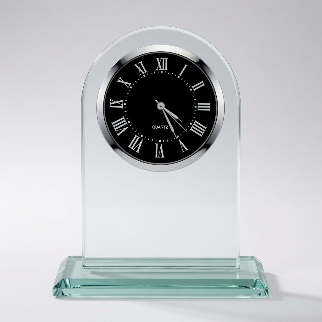 A sophisticated arched crystal glass clock featuring a black dial with Roman numerals, silver/chrome bezel, and a clear glass base. Elegant and timeless design perfect for personalized engraving, awards, or desk display.