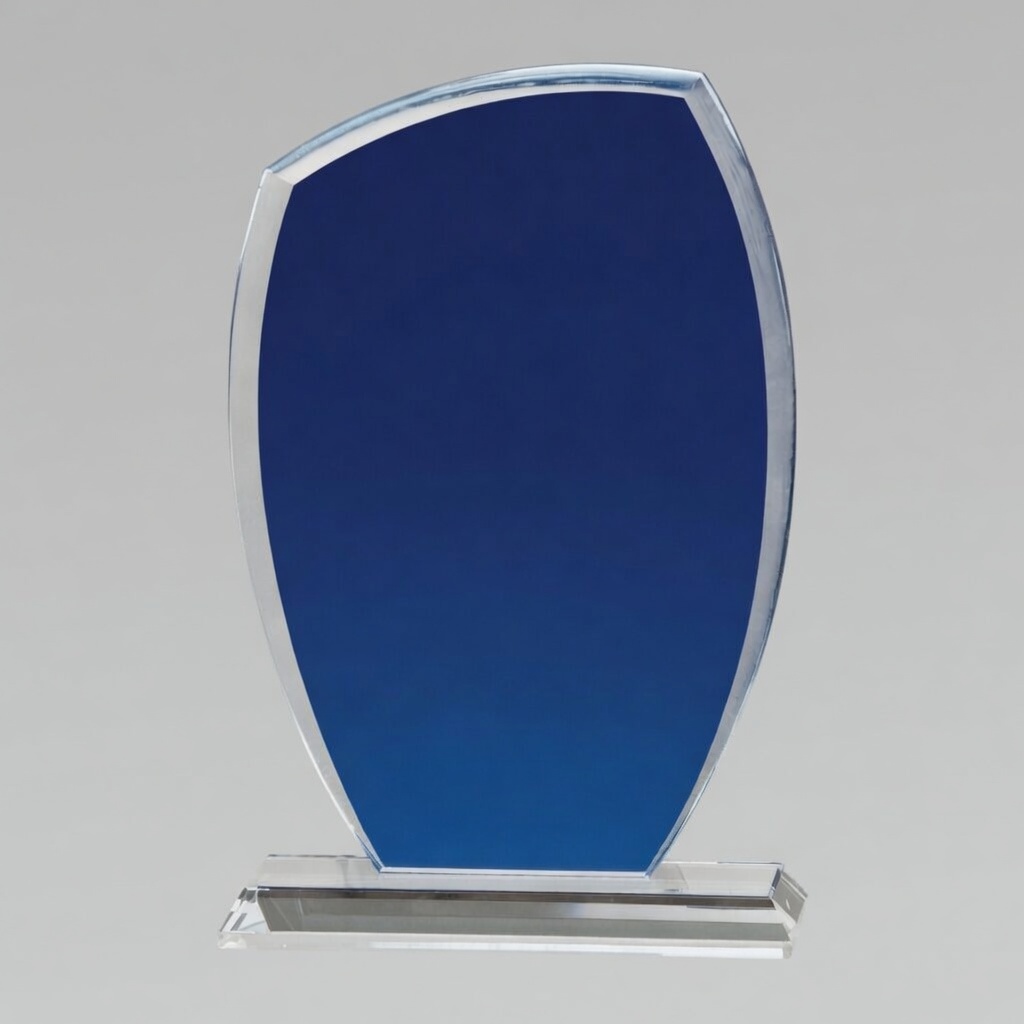 Blue Tidal Glass Award A modern, curved blue glass trophy with beveled clear edges and a clear crystal base. Shown blank and ready for custom engraving. Elegant award for recognizing achievements