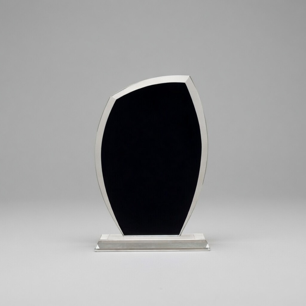 Black Tidal Glass Award – A sleek, curved black glass trophy with a glossy finish and clear crystal base, shown blank and ready for custom laser engraving. Elegant modern design perfect for recognizing achievements.