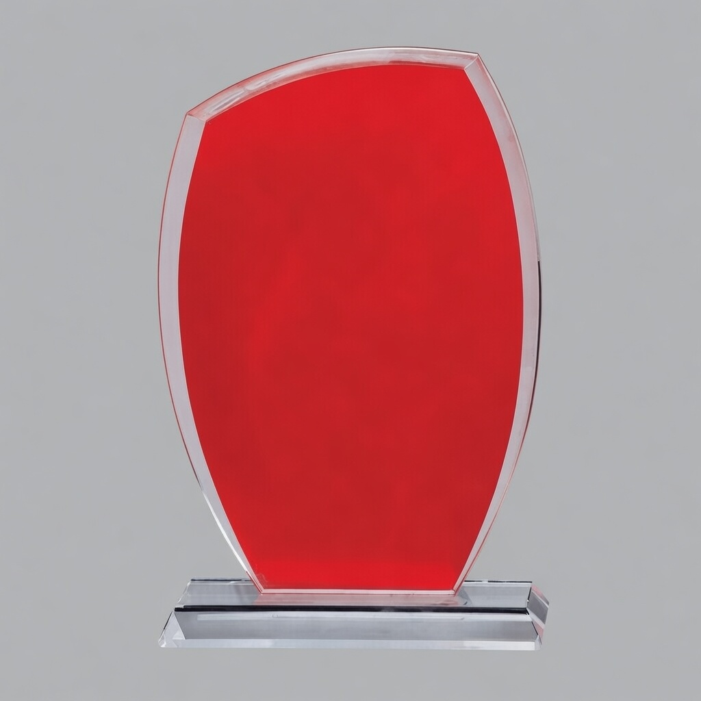 Red Tidal Glass Award (G3144) – A sleek, modern curved red glass trophy with beveled clear edges and a clear crystal base. Shown blank and ready for custom engraving. Elegant award perfect for recognizing achievements.