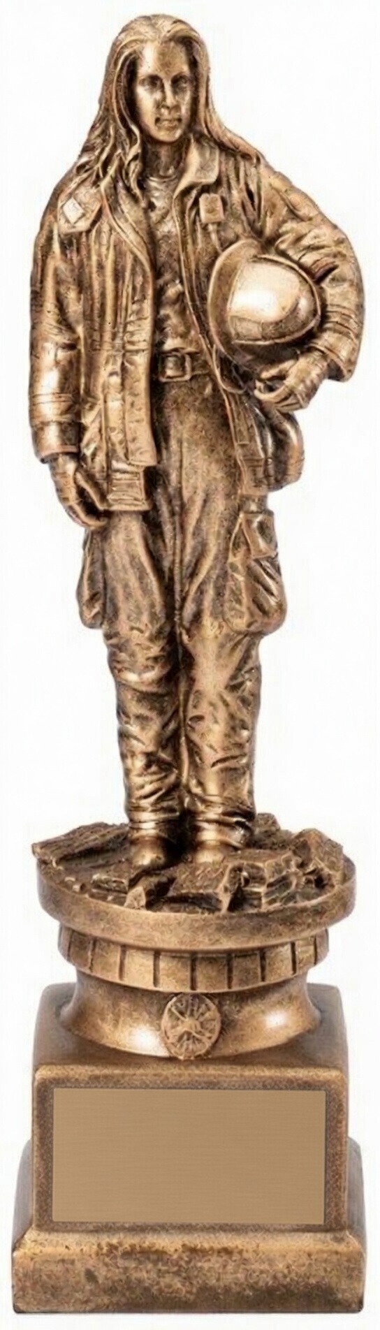 Fire Woman Trophy (RF1127) - Realistic bronze statue of a female firefighter standing in uniform while holding her helmet. Mounted on a detailed multi-tier base with a matching bronze engraving plate. Shown in a straight front view.