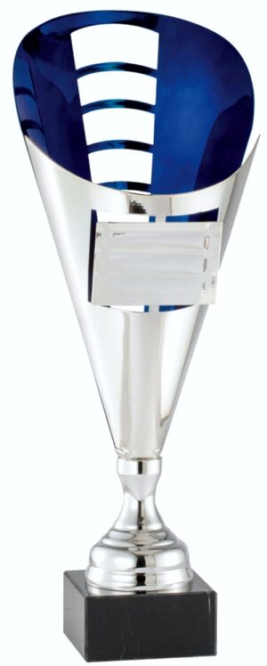 Our Blue Eclipse Trophy Cup is a large contemporary cup. It features a blue accent in the back and an extra engraving plate area in the front. The cup is mounted on a black marble base that can also be personalized, but neither this engraving area or the one above is personalized. This DTC97 stands an impressive 26.5" tall.