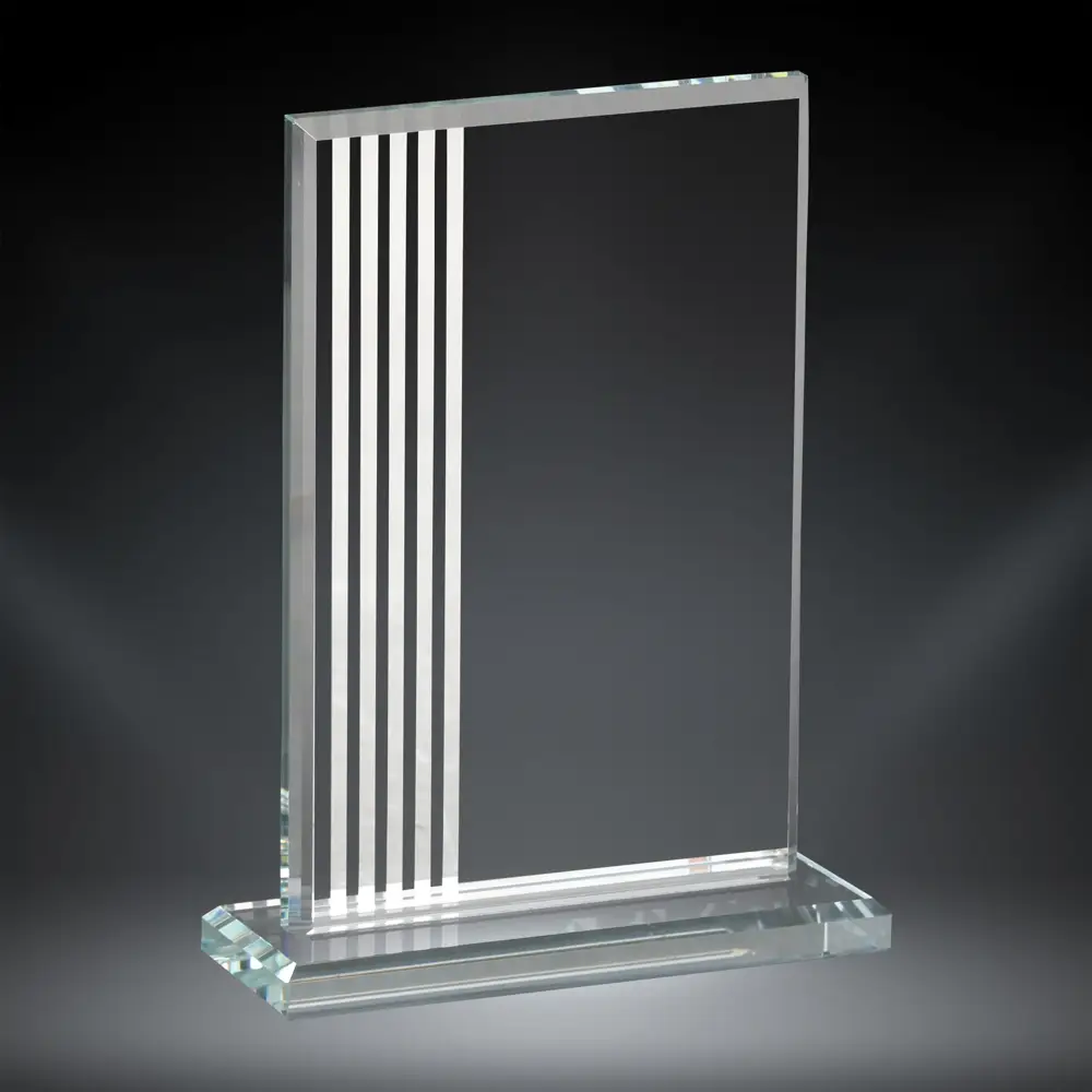 Our Contour Rectangle Glass Award is shown in this photo blank, without laser engraving. The award features a vertical rectangle piece of glass with 5 white contour lines on the left side & a blank area for laser engraving on the right. It's mounted on a matching glass base for added stability. It comes in 3 sizes to choose from ranging from 7" to 8.5" in size, all of which are packaged in a deluxe gift box.