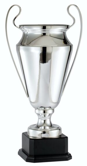 Our Eternal Glory Trophy Cup features a large silver chalice with handles on each side. It's mounted on a black wood base that includes an engraving plate for personalization, but is not shown here. This DTC91 trophy cup stands 28" tall, weighs 14 lbs. and includes both free engraving & free shipping.