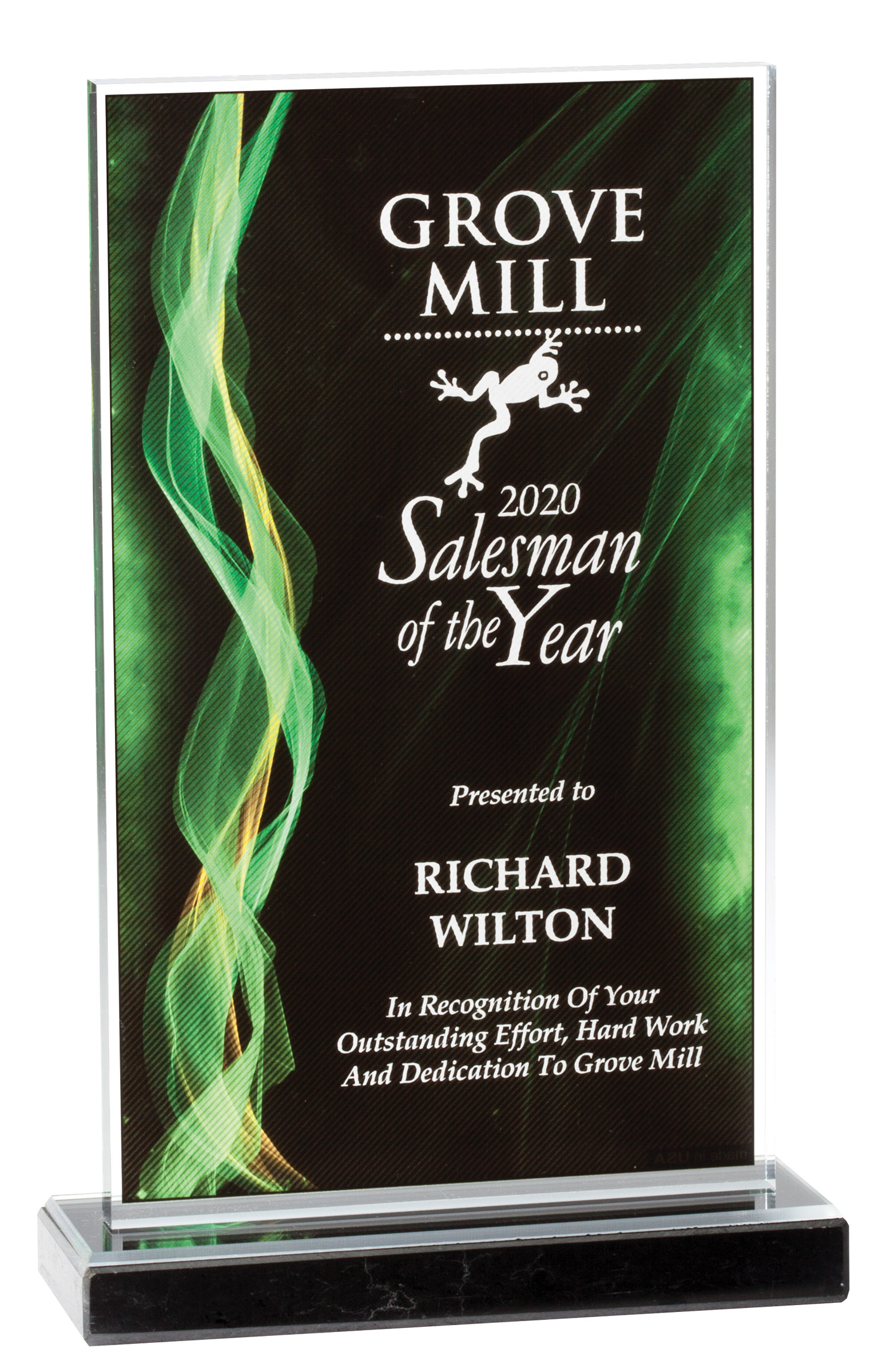 Our Green Illusion Acrylic Award features a rectangle piece of acrylic with green & black gradient background featuring swirling wave patters. It's laser engraved for the Salesman of the Year at Grove Mill. It's mounted on a black acrylic base that has a mirror top for even more eye-catching principles. This DT1620-B acrylic award is 7" x 11" in size and weighs 3.3 lbs.