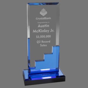 Our Blue Staircase Crystal Award features a vertical rectangle piece of clear crystal for personalization and a blue crystal staircase at the bottom for decoration. This CRY263M is 4.5" x 8.5" in size & weighs 2.7 lbs.