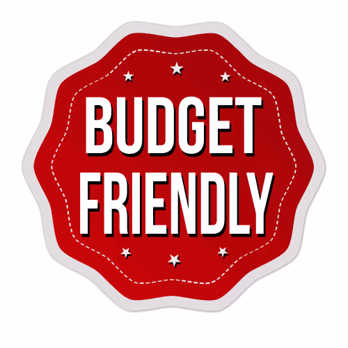 Budget Friendly round logo with the words budget friendly in the middle with 3 stars above the words & 3 stars below the words.