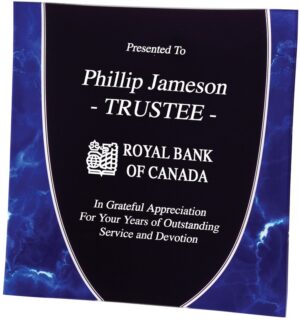 Our Blue Cloud Acrylic Tray features a 9.75" x 9.75" piece of acrylic with a black middle for personalization and "blue cloud" accents on the side. This acrylic award also includes an easel so that you can stand or hang the item with ease.