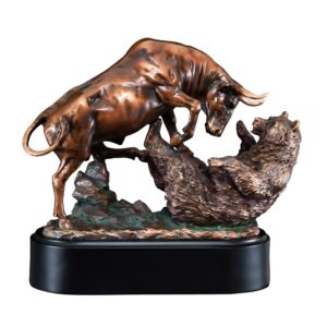 Our Bull vs Bear Statue features an electroplated resin statue of a bull attacking a bear. The bull is in an upright attacking position, while the bear has fallen on it's butt & back. It's mounted on a black base that includes an engraving plate for personalization, but is not shown here.