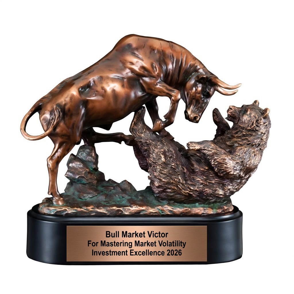 Our Bear vs Bull Statue shown here with an engraving plate. It features a bronze electroplated statue of a bull attacking a bear that is in retreat & on it's back. It's mounted on a black base that has a matching bronze engraving plate for personalization. This one reads, "Bull Market Victor. For mastering market volatility. Investment excellence 2026. This RFB175 is 10" x 9.75" in size & weighs 7 lbs.