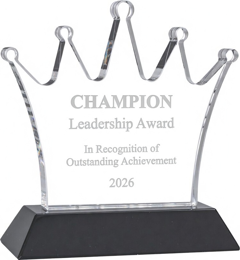 Our Crystal Crown Trophy features a clear crystal piece carved out int he shape of a crown. The middle area is for laser engraving personalization and this one is for the Champion Leadership Award that was given out in 2026. It's mounted on a black crystal base. This CRY1087 is 4.75" x 4.75" in size & weighs 1.76 lbs.