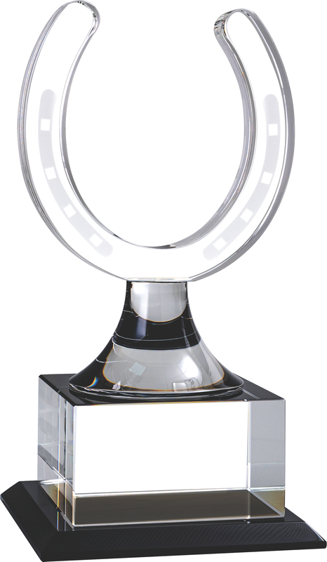 Here's our Crystal Horseshoe Trophy shown here with no black & silver engraving plate and the trophy is in front of a plain white background. The trophy has a unique clear crystal horseshoe at the top and it's mounted on a clear base with a black crystal footer. This CRY2017 trophy is 8.75" tall and weighs 6.16 lbs.