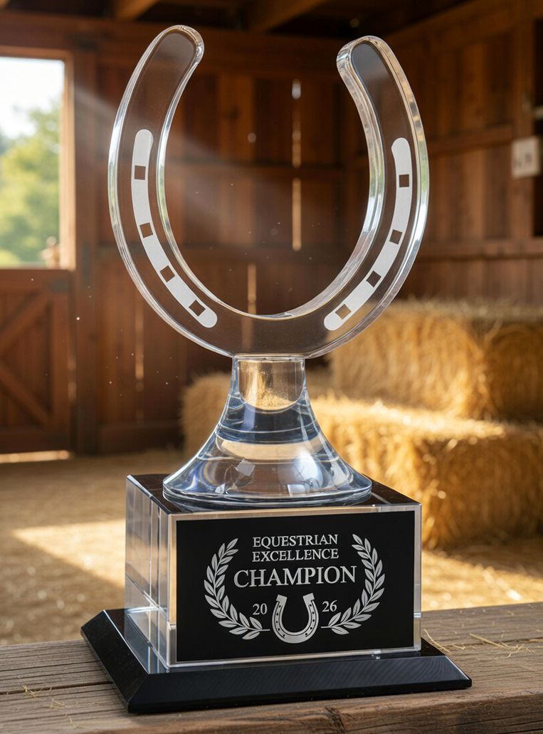 Our Crystal Horseshoe Trophy is displayed on a wooden post in a horse barn. The trophy features a crystal horseshoe at the top, a connecting pedestal in the middle and a solid crystal base below. The front of the base includes a black & silver engraving plate for personalization. This one is personalized with an Equestrian Excellence Champion 2026 logo. This CRY2017 trophy stands 8.75" tall & weighs over 6 lbs.