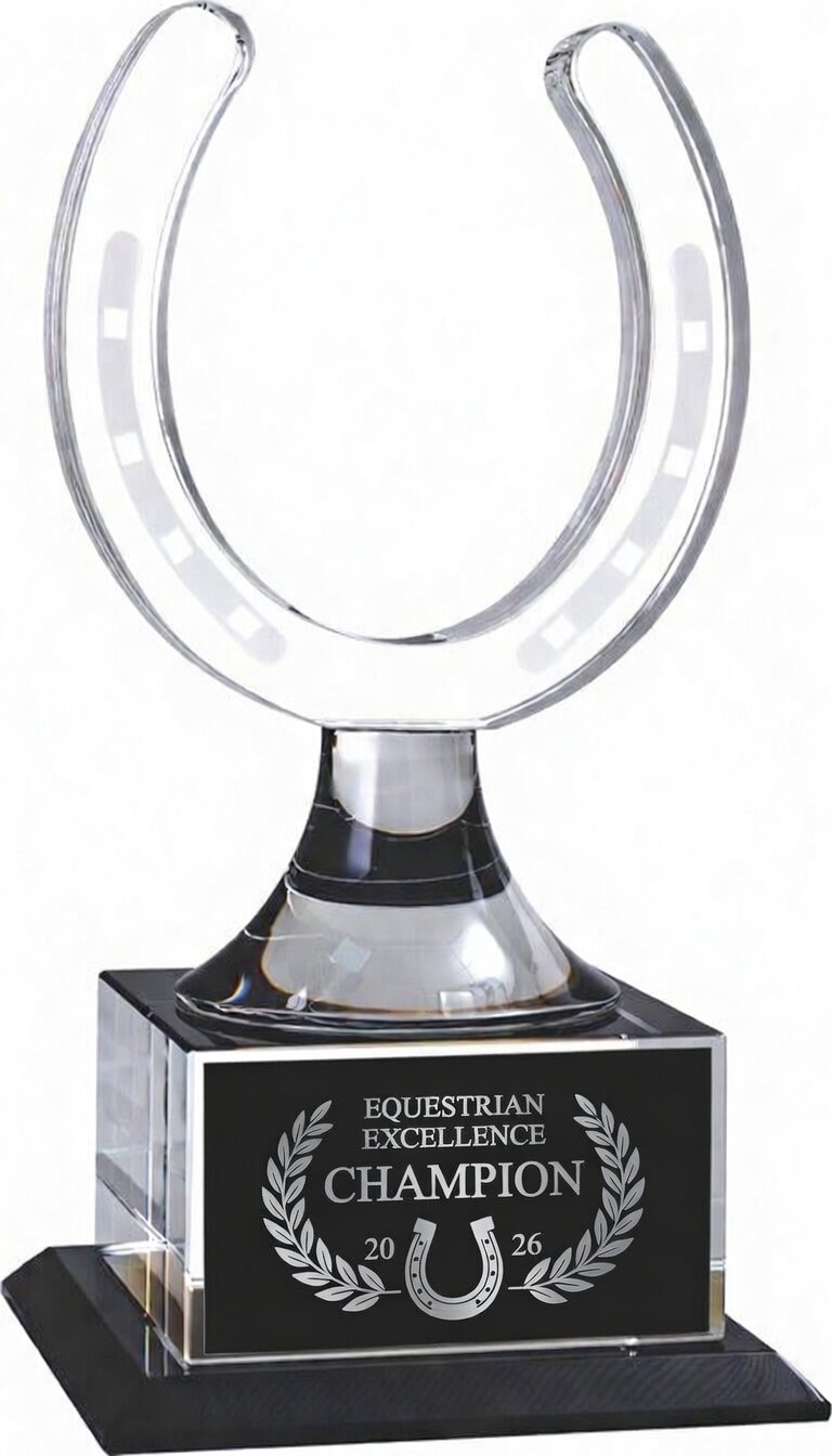 Our Crystal Horseshoe Trophy shown here with engraving on the base and a clear white background. It features a crystal horse shoe and a base that has a black & silver engraving plate for personalization.