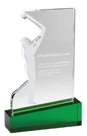 Our Golf Swing Crystal Award features a frosted silhouette of a golfer at the end of his swing on the left side. The right side is left blank as it's supposed to be personalized with laser engraving. This CRY1051 is 4" x 9.5" in size and weighs 3.55 lbs.
