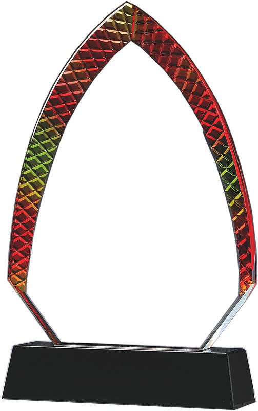 Our Mosaic Arrow Crystal Award shown blank. The crystal arrow features a colorful mosaic board for added appeal, while the inside is for laser engraving personalization, but this award is blank. It's mounted on a black crystal base. This award comes in 3 sizes to choose from, all of which come in a deluxe gift box & include free engraving.