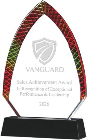 Our Mosaic Arrow Award features an arrow shaped piece of glass with a multi-colored mosaic border. The middle area is for laser engraving personalization and it's mounted on a black crystal base. This particular item is laser engraved for Vanguard for the Sales Achievement Award in 2026.