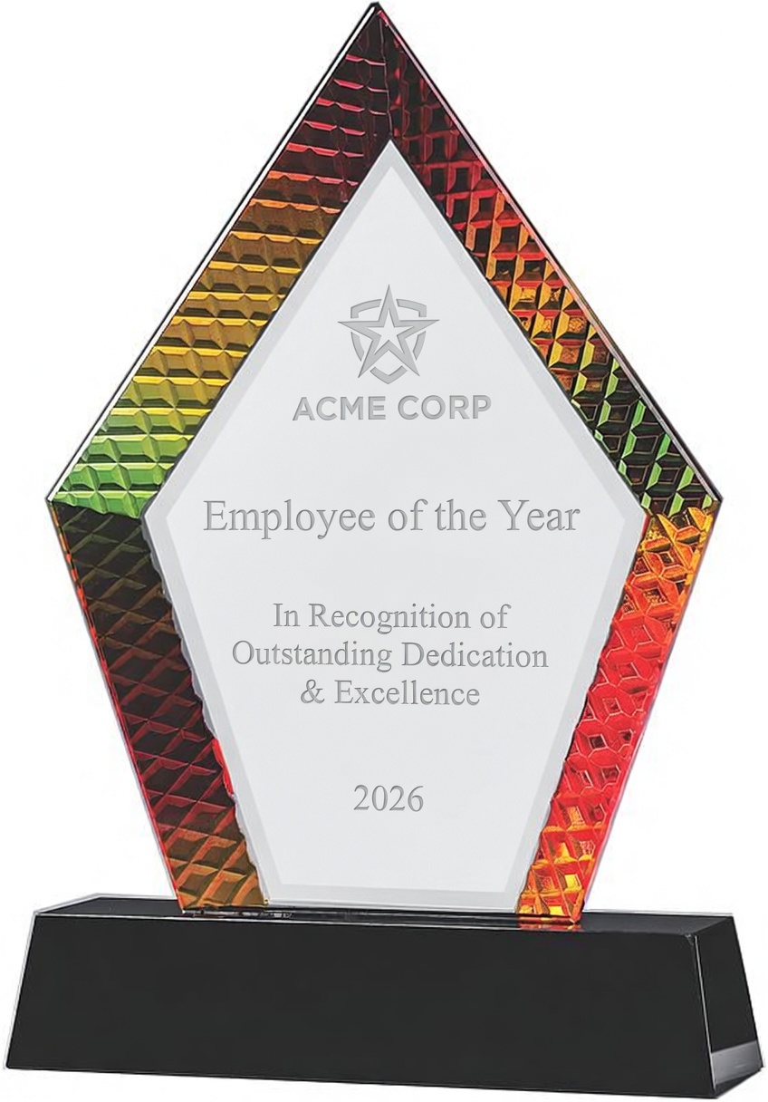 Our Mosaic Diamond Crystal Award shown here with engraving for an Employee of the Year award. The award is a diamond shaped piece of crystal with a colorful mosaic border that reflects & changes. It's mounted on a black crystal base and comes in a deluxe gift box.