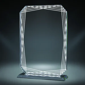 Our Rayado Rectangle Glass Award shown here in the largest available size. It features a glass rectangle with edge corners and a decorative border all the way around. The middle area is for laser engraving personalization. It's mounted on a clear glass base so you can set it on a shelf or desk. This 76908 glass award is 7.5" x 8.75" in size & comes in a deluxe gift box.
