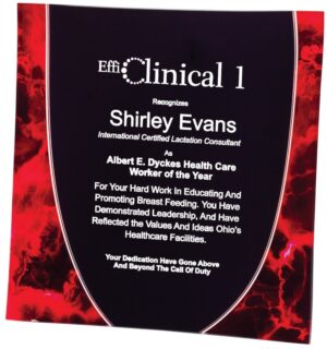 Our Red Cloud Acrylic Tray features an acrylic piece that is 9.75" x 9.75" in size. It's has a black area for laser engraving personalization, while both sides feature an eye-catching "red cloud" design. This acrylic tray comes with an easel that gives you the ability to hang or stand the award.