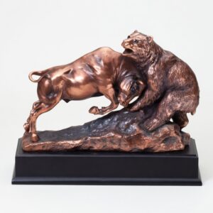 Our Bull Gores Bear Statue features a bronze electroplated statue of a bull charging & goring a bear. It's mounted on a black base that includes a matching bronze colored engraving plate. This RFB223 is 11" x 9" in size, weighs 8.2 lbs. and includes both free personalization & free shipping!