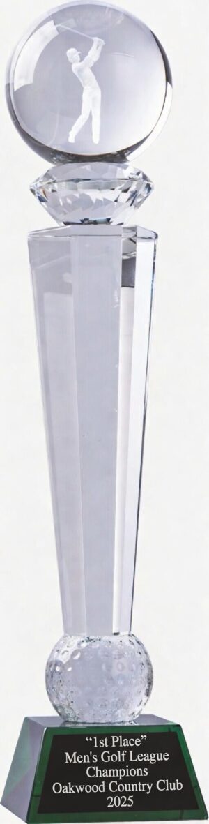 Our 3D Golf Tower Trophy features a 3D golfer in a globe at the top, a middle pillar to add height that stands on a crystal golf ball and a green crystal base that everything is mounted on. The base includes a black & silver engraving plate for personalization. This CRY1088 golf trophy is 3.25" x 14.25" in size & weighs 8 lbs.