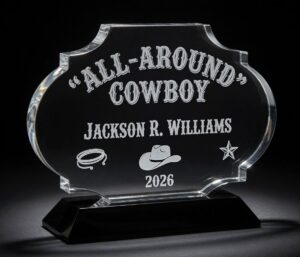 Our Belt Buckle Crystal Award features a large crystal buckle for laser engraving personalization mounted on a black crystal base. This award is engraved for Jackson R. Williams for willing the All-Around Cowboy Award. This CRY2015 western themed award is 7" x 5.5" in size & weighs 3.5 lbs.