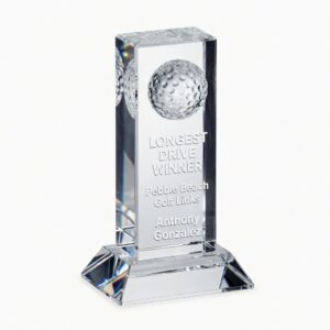 Our Golf Ball Column Trophy features a pillar of clear crystal with a protruding crystal golf ball at the top and a place for laser engraving below. This CRY385 golf trophy is 3.25" x 6" in size and weighs 2.4 lbs.