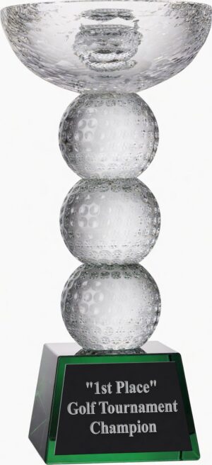 Our Golf Ball Tower Trophy features a crystal bowl at the top, 3 golf balls in the middle for decoration & a green crystal base for personalization. This CRY1085 is 10" tall & weighs 8.5 lbs.