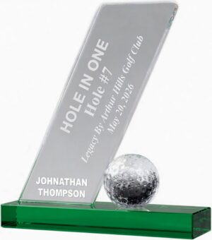 Our Hole In One Award features a contemporary #1 for personalization on the left and a crystal golf ball to the right. Both are mounted on a green crystal base for accent & eye-appeal. This CRY1109 is 4" x 7" in size and weighs 2.2 lbs.