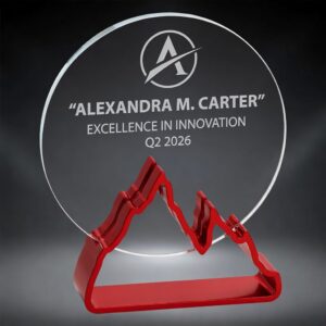 Our Red Expedition Glass Award features a glass disc for laser engraving or full color personalization mounted in a red mountain range themed metal base. This 76507-R is 5.75" x 7" in size and includes free engraving. It is personalized for Alexandra M. Carter for her Excellence in Innovation for Q2 of 2026.