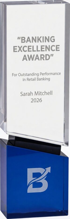 Our Sapphire Column Crystal Trophy features a clear piece of crystal for engraving at the top, a middle black accent in the middle and a blue crystal base that can be personalized. This CRY2012 crystal award is 10" tall & weighs 6.9 lbs.