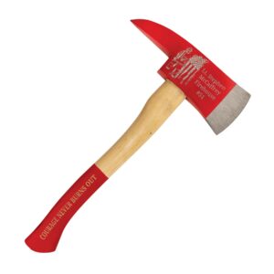 Personalized Firefighter Axe shown here with laser engraving on the head of the axe and the handle as well. The head of the axe mostly red with a silver edge. The handle has a middle traditional wood area and then a red section towards the bottom. The red areas on both the head & handle can be personalized and are in this photo. This BR2531 is 17.5" in length and includes free laser engraving.