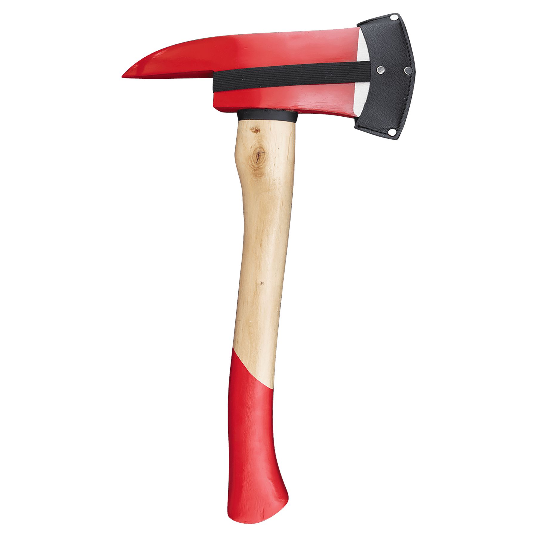 Our Personalized Firefighter Axe shown here with a black leather sheath covering the edge of the axe for safety & storage reasons. The axe has a read head with a silver edge. The handle has a light wood area connected to the head and further down the handle is a red accent. The red areas on the axe head & handle can both be personalized with laser engraving, but are shown blank in this photo.